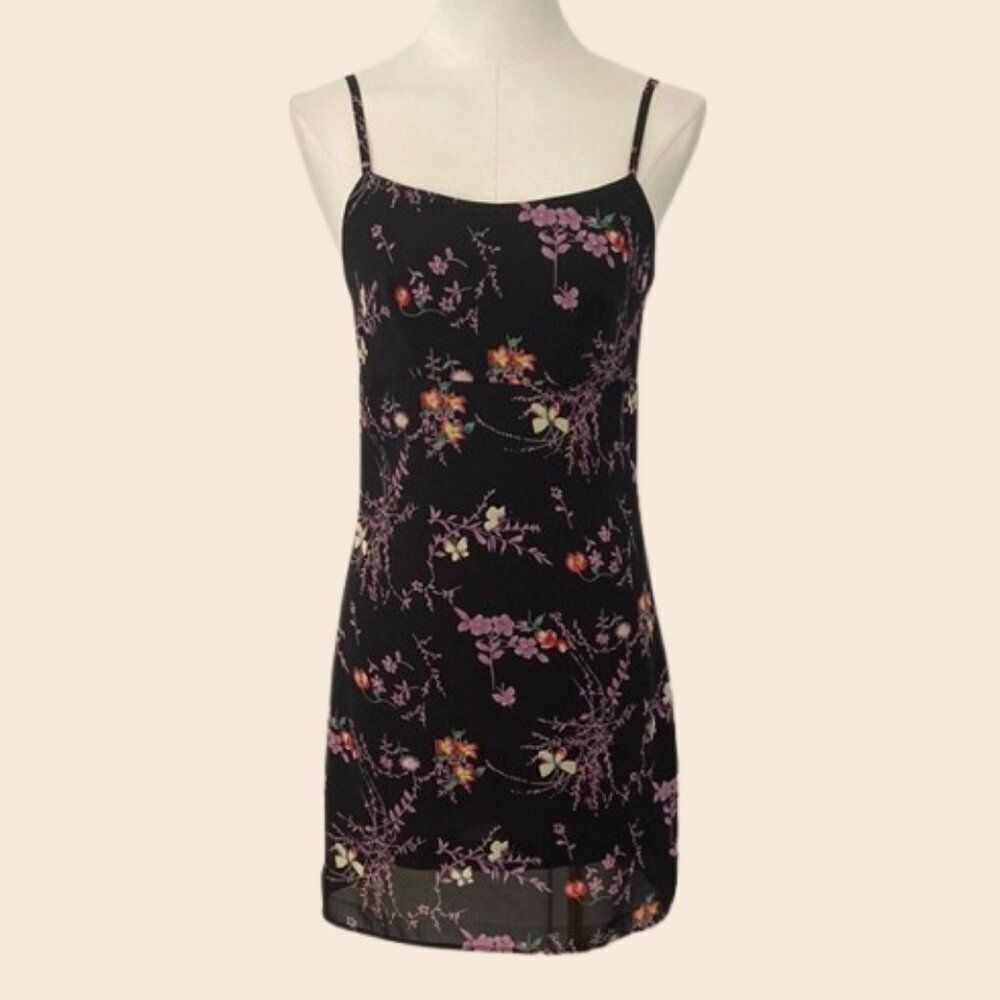 Vintage 90's/ Early 00's Black Floral Empire Waist Mini Dress Size Small